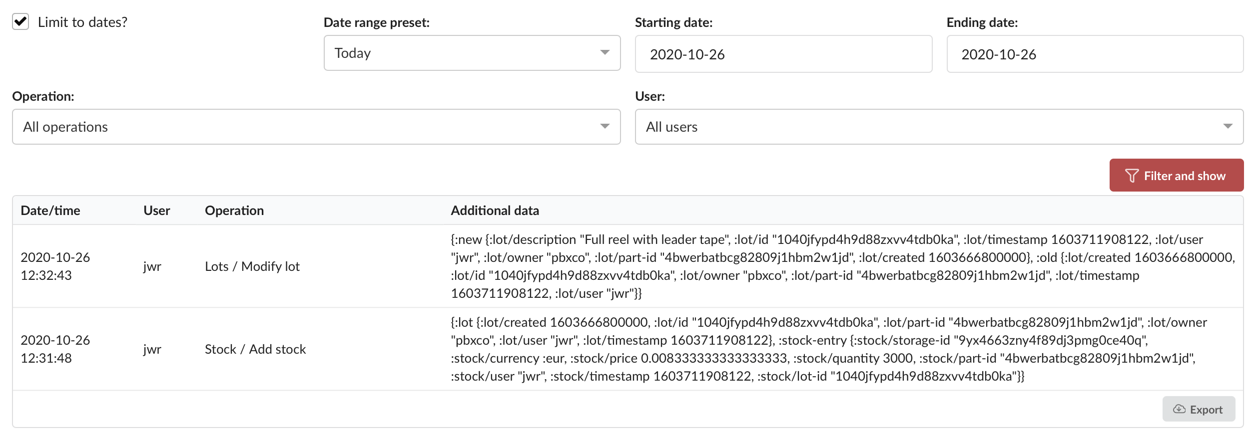 A screenshot of PartsBox's audit trail feature, showing a list of database modifications with timestamps, users, and details of the changes made.