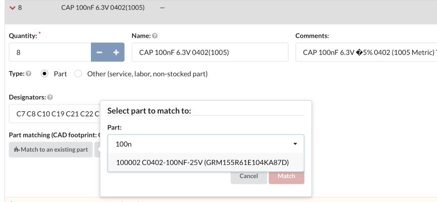 BOM Import Part Matching