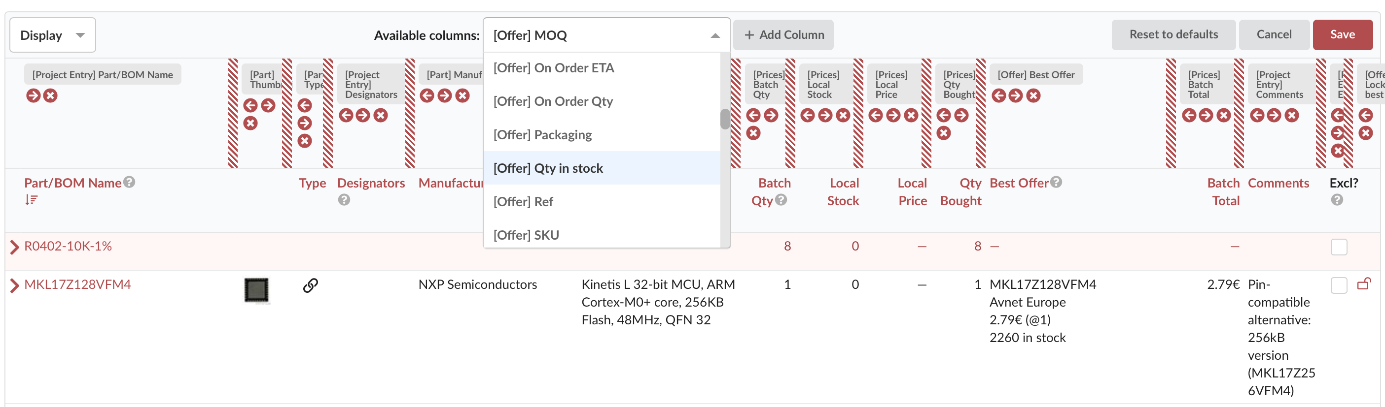 A PartsBox table in configuration mode, adding a column from the list of available columns.