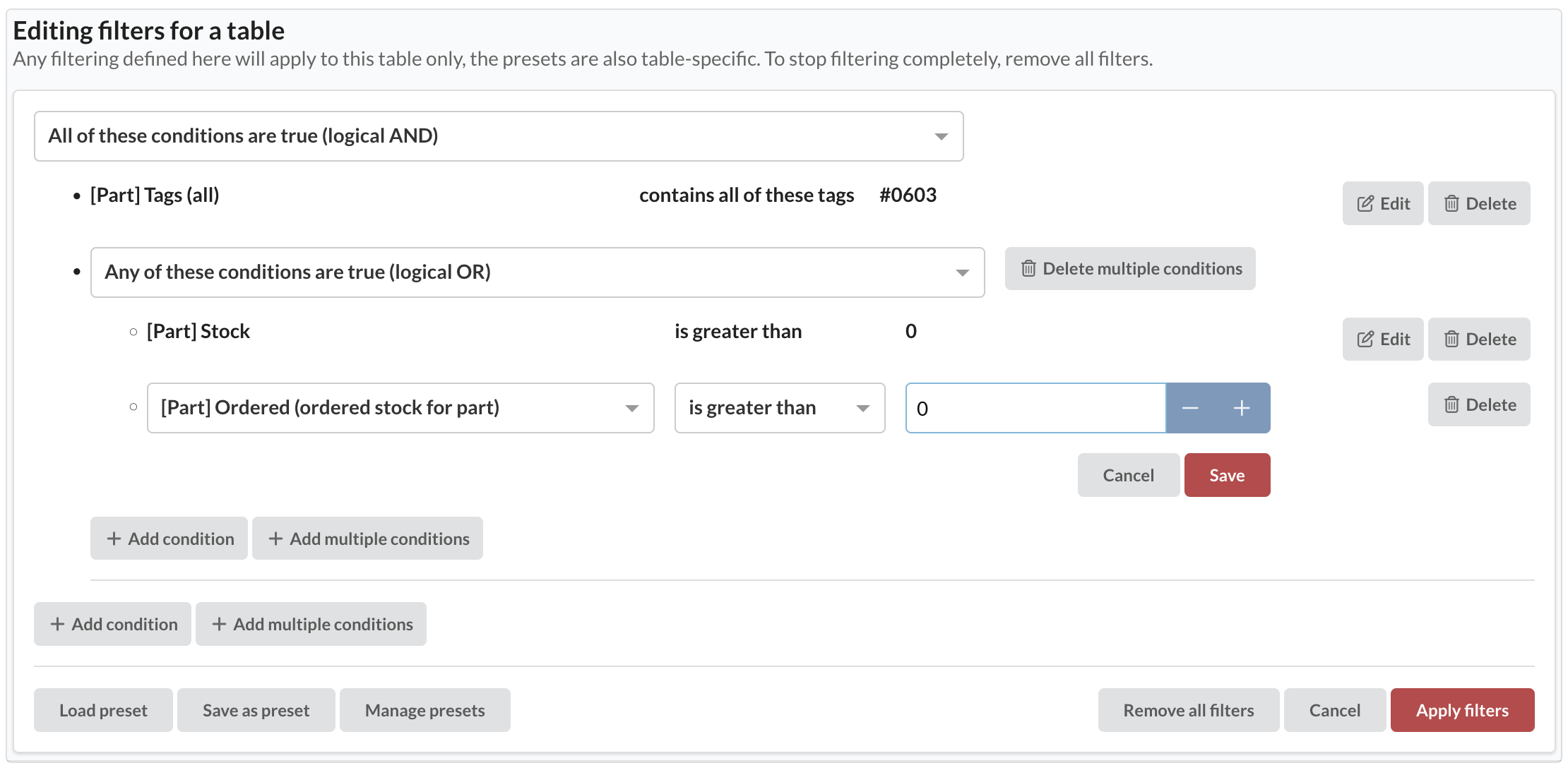 The PartsBox filter builder, with a tag condition and a nested OR group of stock conditions.