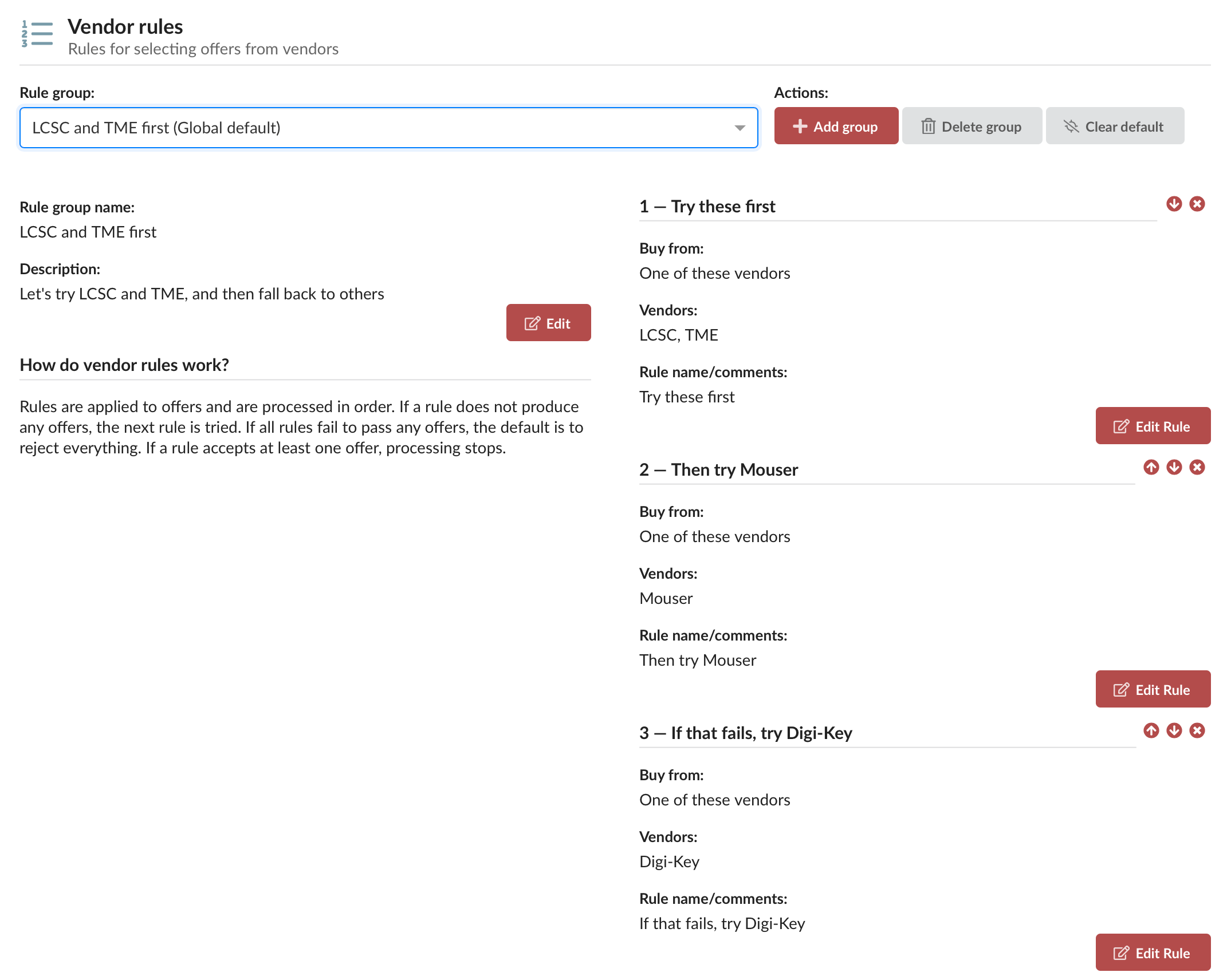 A vendor rule group in Settings: try LCSC and TME first, then Mouser, then Digi-Key.